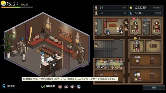 店内经营画面及右侧员工管理界面